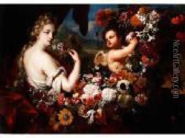 Venus Und Amor In Blutengirlanden Oil Painting - Gaspar-pieter The Younger Verbruggen