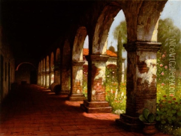 A Mission Courtyard In Bloom Oil Painting - William Barr
