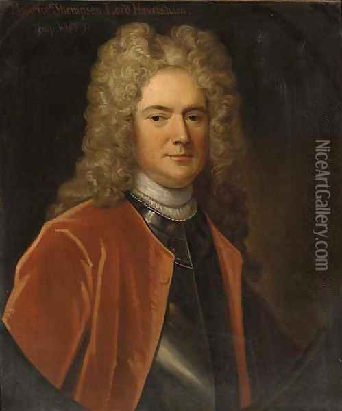 Portrait of Maurice Thompson, Lord Haversham, half-length, in a red coat and breastplate, feigned oval Oil Painting - Charles Jervas