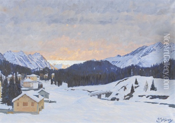 Verschneite Engadiner Landschaft Im Abendrot Oil Painting - Paul Schuerch