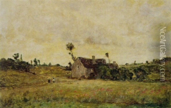 Landschaft Mit Bauernhaus Und Figurenpaar Oil Painting - Gustave Eugene Castan