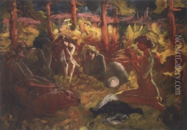 Women With Wild Boar And Turkey Oil Painting - Konstantin Kuznetsov