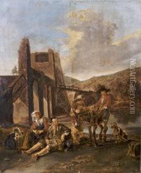 Travellers And Their Animals Resting By A Fortified Bridge Oil Painting - Hendrick Mommers