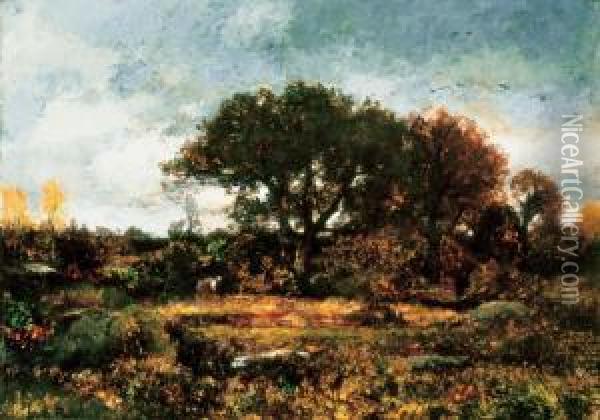 Barbizon Landscape, Around 1876 Oil Painting - Laszlo Paal