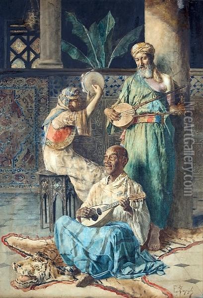 Arab Minstrels In A Courtyard Oil Painting - Eugenio Zampighi
