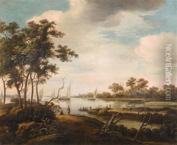 Flusslandschaft Mit Segelschiffen Und Figuren Oil Painting - Abraham Blommaert