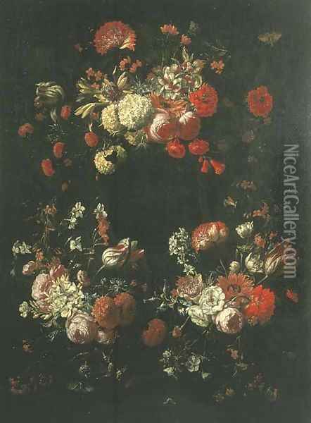 Tulips, roses, narcissi, peonies in a circular garland Oil Painting - Gaspar Peeter The Elder Verbruggen