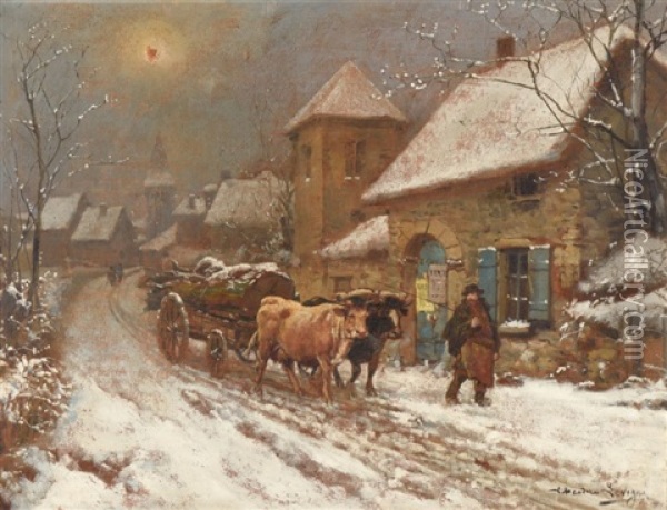 L'attelage De Boeufs, En Hiver A La Sortie Du Village Oil Painting - Theodore Levigne