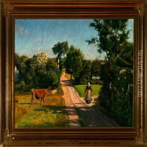 A Peasant Woman Carrying Water At A Village Road. Signed And Dated Otto P. Balle 1906 Oil Painting - Otto Petersen Balle