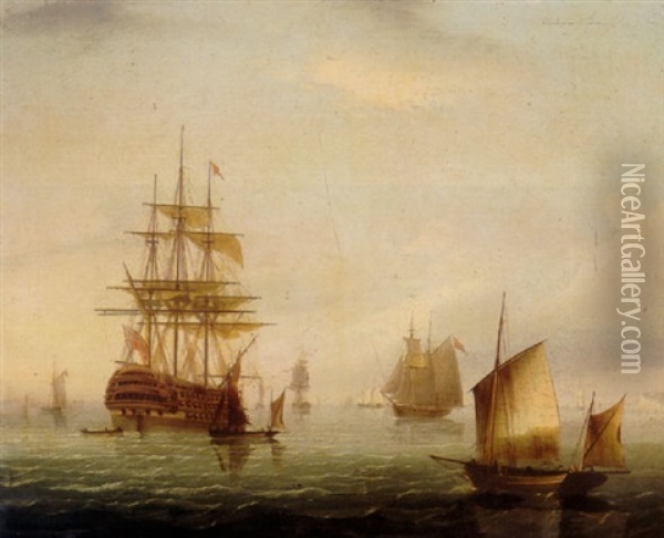 Sailing Vessels Off A Coastline Oil Painting - James Edward Buttersworth