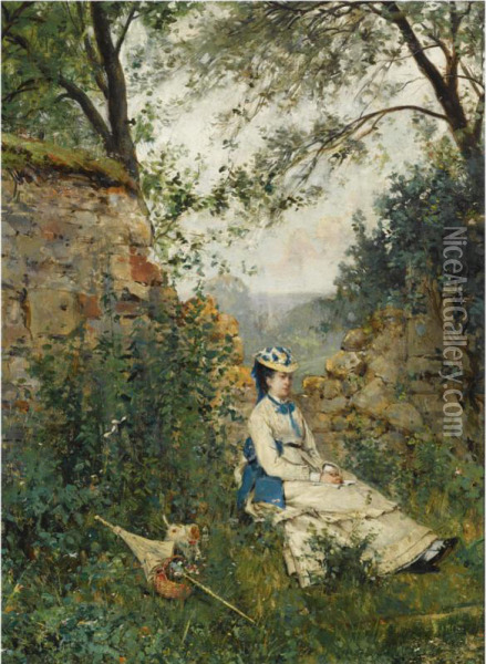 A Summer Landscape With An Elegant Lady At Rest Oil Painting - Ricardo C. Diaque