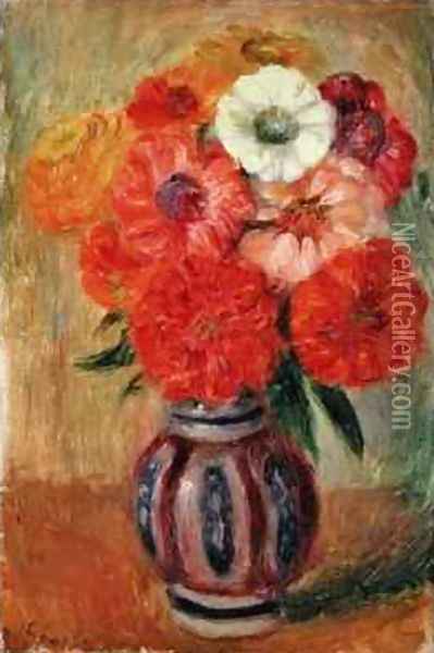 Zinnias in a Striped Blue Vase Oil Painting - William Glackens