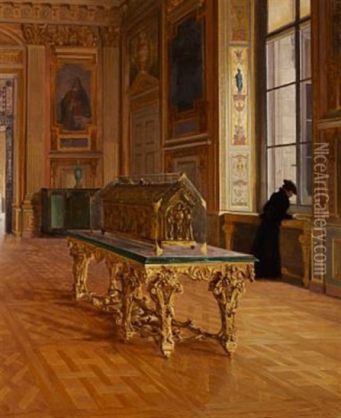 Interior From The Louvre. A Young Clergyman Is Looking At The Exhibits. On A Magnificent Table, A Reliquary Oil Painting - Edmund Grasset