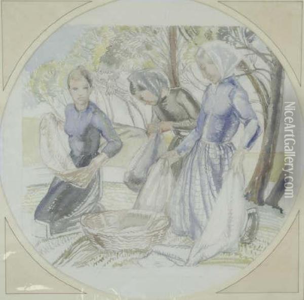 Unframed Watercolour Sketch For 'washerwomen' 15 X 16in Oil Painting - Averil Mary Burleigh