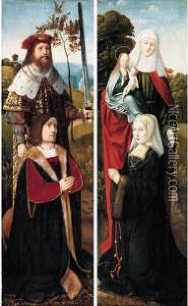 Saint Adrian With A Male Donor; Saint Anne With The Virgin And Child And A Female Donor Oil Painting - Ambrosius Benson