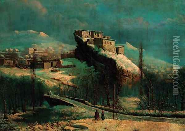 Fortified Village in the Caucasian Mountains in Winter Oil Painting - Vasili Vasilyevich Vereshchagin