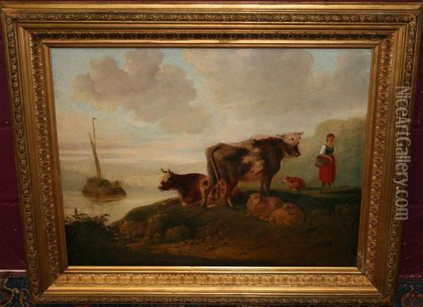 Flemish River Scene With Figure And Cattle And A Sailing Boat Beyond Oil Painting - Aelbert Cuyp