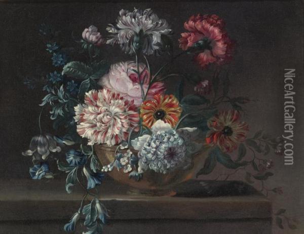 Still Life Of Variegated Carnations And Other Flowers On A Ledge Oil Painting - Jean-Baptiste Monnoyer