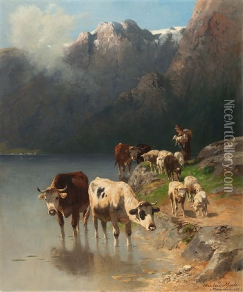 Hutejunge Mit Kuhen Und Schafen An Einem Gebirgssee Oil Painting - Christian Friedrich Mali