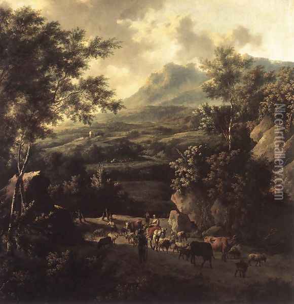 Mountain Scene with Herd of Cattle Oil Painting - Frederick De Moucheron