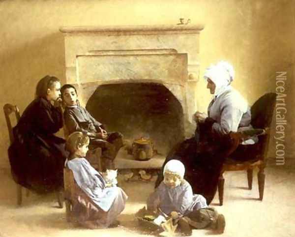 Family seated around a hearth Oil Painting - Henri-Jules-Jean Geoffroy (Geo)