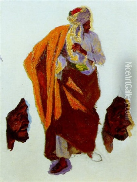Homme Au Burnous Orange. Deux Tetes D'homme Oil Painting - Ludwig Deutsch