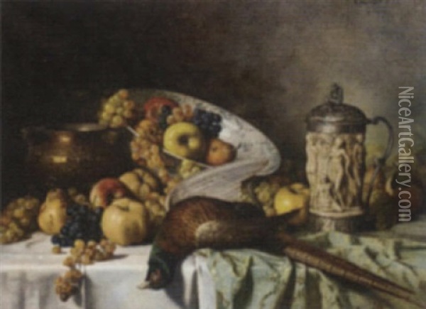 A Dead Pheasant, An Ornamental Tankard, Apples, Pears And Grapes On A Table Oil Painting - Adolf Hacker
