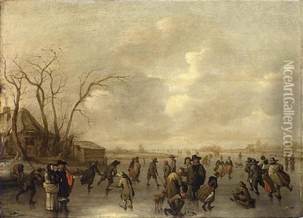 A Winter Landscape With Skaters, Figures Playing Golf And A Boy On A Sleigh On A Frozen River, A Farmhouse To The Left Oil Painting - Adriaen Lievensz van der Poel