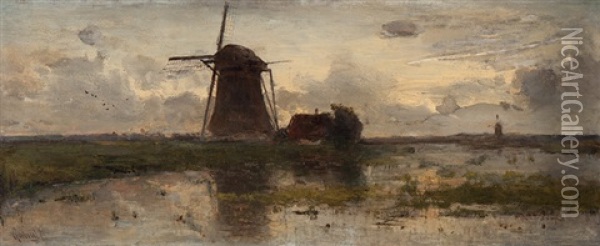 Mills In A Polder Landscape Oil Painting - Paul Joseph Constantin Gabriel