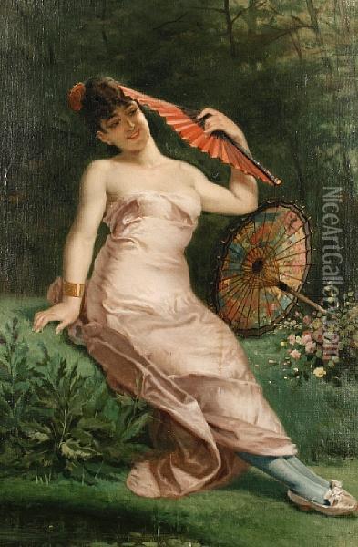 Reclining Beauty With Fan Oil Painting - E. Meyer