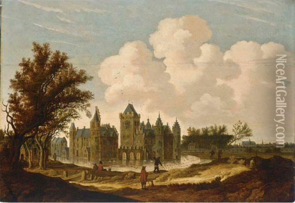 A View Of The Castle Of Egmond With Figures On A Path And Fishermen In Front Of The Castle Oil Painting - G.W. Berckhout
