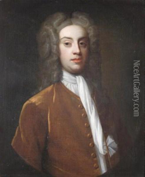 Portrait Of A Gentleman, Half Length Wearing A Full Bottomed Wig And A Brown Jacket Oil Painting - Richardson. Jonathan