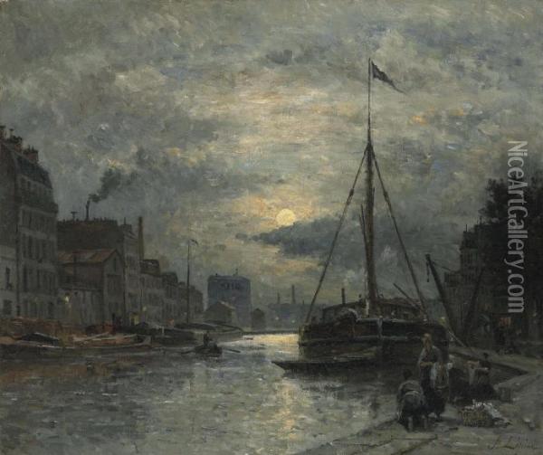 Le Canal Saint-martin Au Clair De Lune Oil Painting - Stanislas Lepine