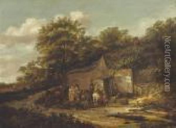A Wooded Landscape With Travellers Resting By An Inn Oil Painting - Barent Gael