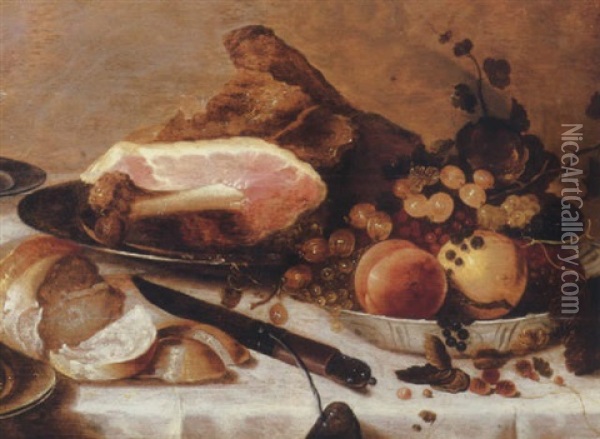 Peaches, Gooseberries, Redcurrants And Blueberries In A Porselein Bowl, With A Ham, A Bread Roll And A Knife On A Draped Table Oil Painting - Roelof Koets the Elder