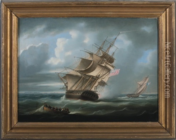 A British Man O' War Chasing A French Cutter Oil Painting - Thomas Buttersworth
