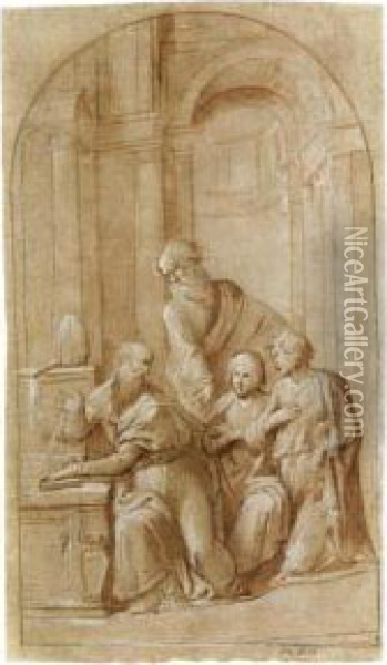 A Bishop Seated With His Left 
Hand On A Book, Two Young Men Kneeling Nearby And A Third Standing 
Behind, In An Architectural Setting Oil Painting - Garofalo