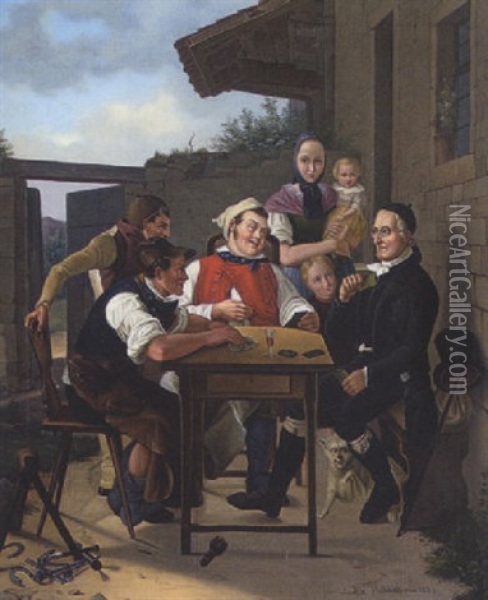 Kartenspieler Vor Der Dorfschmiede Oil Painting - Friedrich Hohbach
