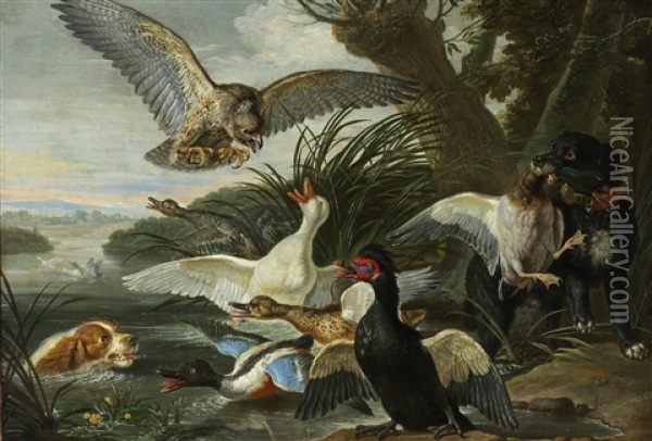 A Landscape With Ducks Attacked By Two Springer Spaniels And A Buzzard Oil Painting - David de Coninck