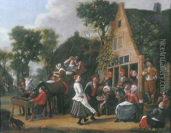 Peasants making merry and a wagon halting outside an inn Oil Painting - Jan Victors