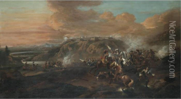 A Cavalry Battle In A Valley Beneath A Fortified City Oil Painting - Jan Wyck