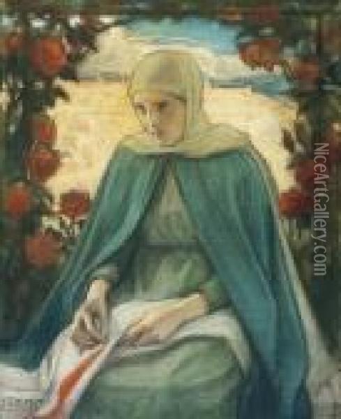 The Virgin Mary In The Rose Garden (jungfru Maria Irosengard) Oil Painting - Albert Edelfelt