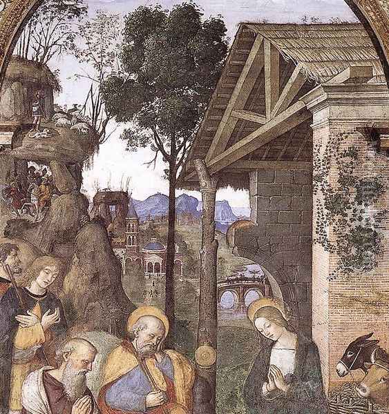 Adoration of the Christ Child (detail) c. 1490 Oil Painting - Bernardino di Betto (Pinturicchio)