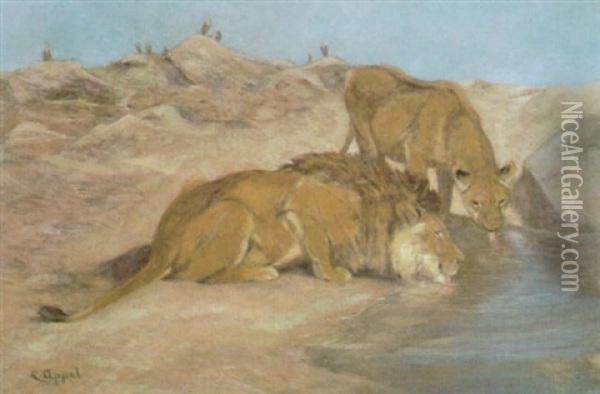 Lowenpaar An Der Tranke Oil Painting - Carl Heinrich Wilhelm Appel