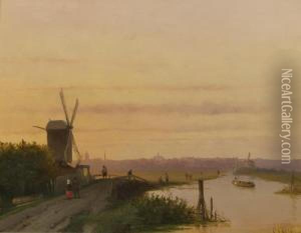 Sunset Over A Dutch Town Oil Painting - Salomon Leonardus Verveer