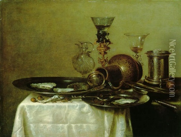A Still Life Of A Stoneware Jug, Silver Spoon And Oysters In Pewter Plates, And Other Objects On A Table Draped With Green And White Cloths Oil Painting - Willem Claesz Heda