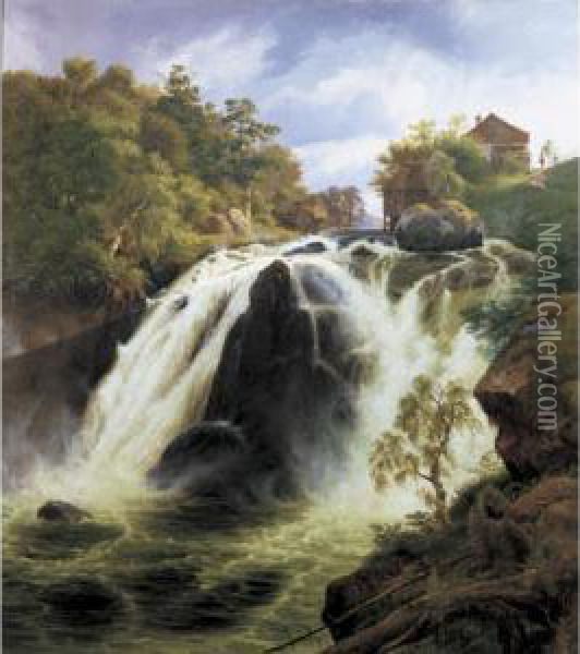View Of The Waterfall At Stora Mollan, Sweden Oil Painting - Johann-Hermann Carmiencke