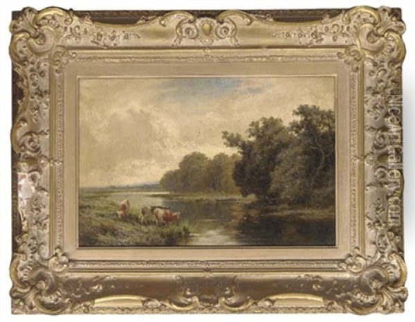 Cattle Watering On The Thames, Near Goring, Surrey Oil Painting - Henry H. Parker