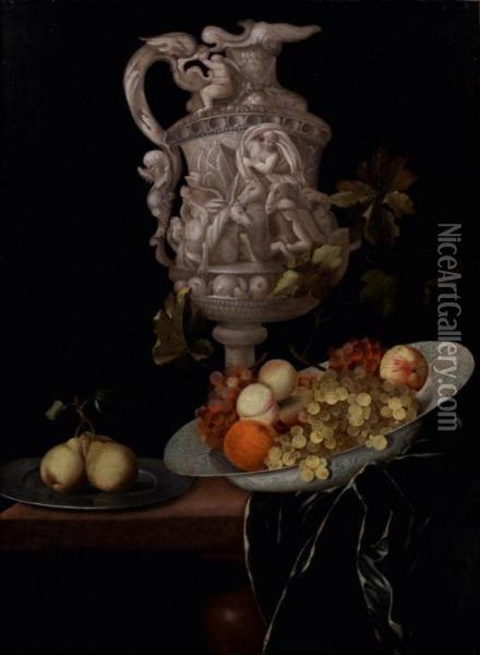 Nature Morte Au Vase Sculpte Et Plats De Fruits Sur Une Table Oil Painting - Johann Georg (also Hintz, Hainz, Heintz) Hinz