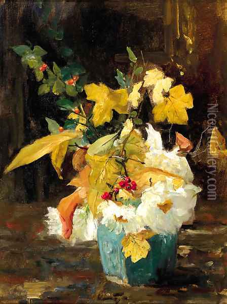 Autumn flowers in a ginger jar Oil Painting - Floris Arntzenius